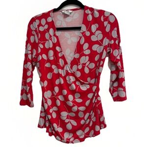 Boden Red Floral Wrap Top Longsleeve VNeck US10 Dopamine Stretch Polished Office